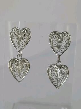 Double Heart Filigree Silver Tone Drop Post Earrings